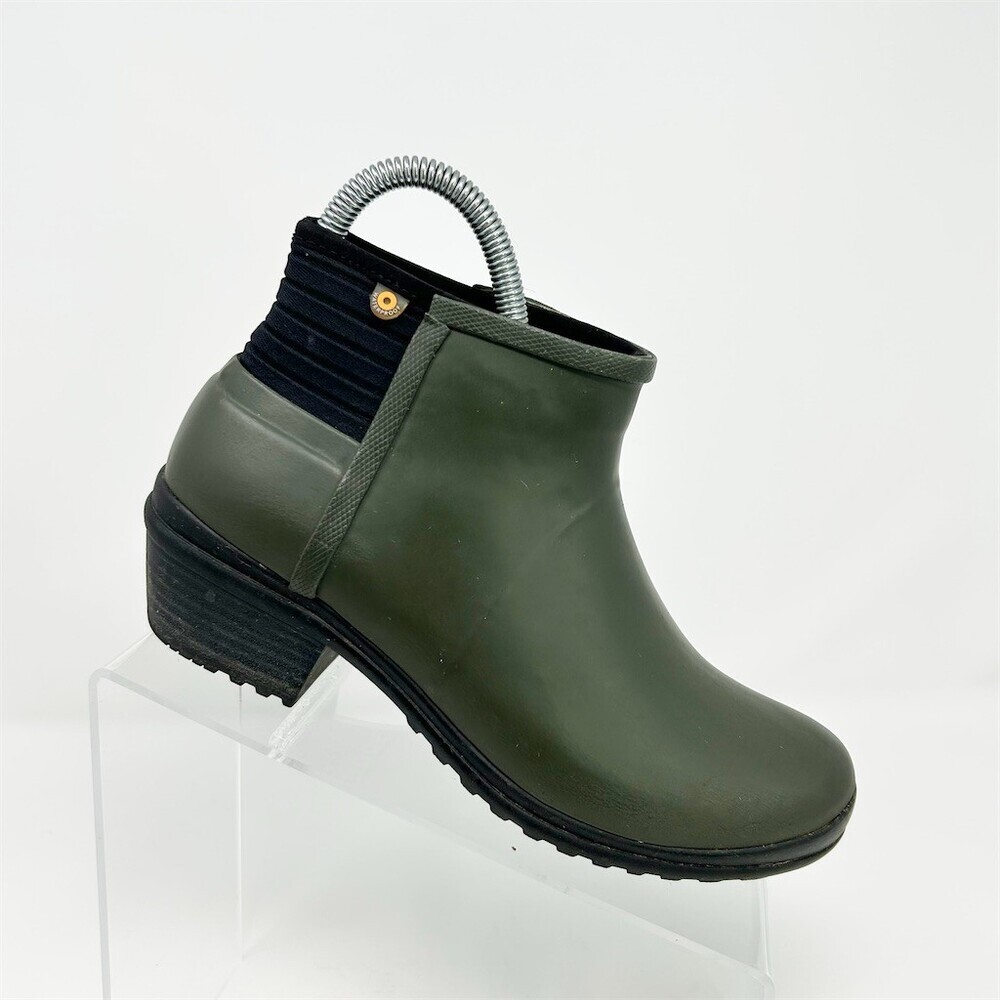 BOGS Women's Waterproof Ankle Rain Boots Olive Green Ribbed Cuff Block Size 6